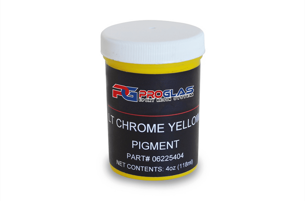 Small four ounce bottle of light chrome yellow liquid pigment with dark colored label and white text.